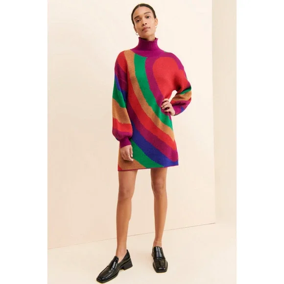 NWT FARM RIO Rainbow Wild Hearts Sweater Dress Bubble Sleeve Mock Neck Mini S - Picture 13 of 14